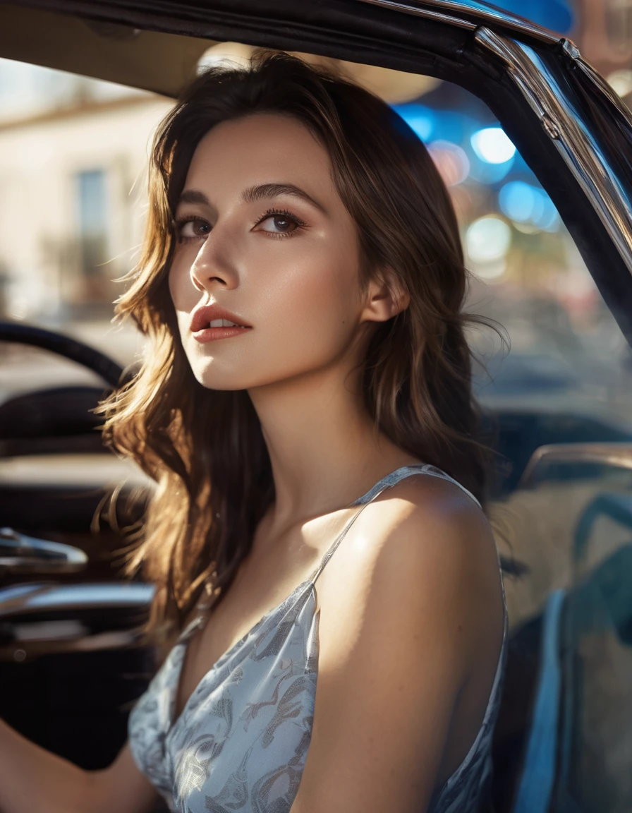 (best quality)1, (best detail)1, (specular highlights)1, (specular reflections)1, (wallpaper)1, cel-shaded poster style, a cool looking French woman with long brown shiny hair, in a leather sticky mini dress stood against a wall in profile, in car's high-beams light, surprised expression, passionate expression, cheeky side-eye, deep decollate:1.4, facing the car-light, facing the camera, far away shot, model shoot, highly professional