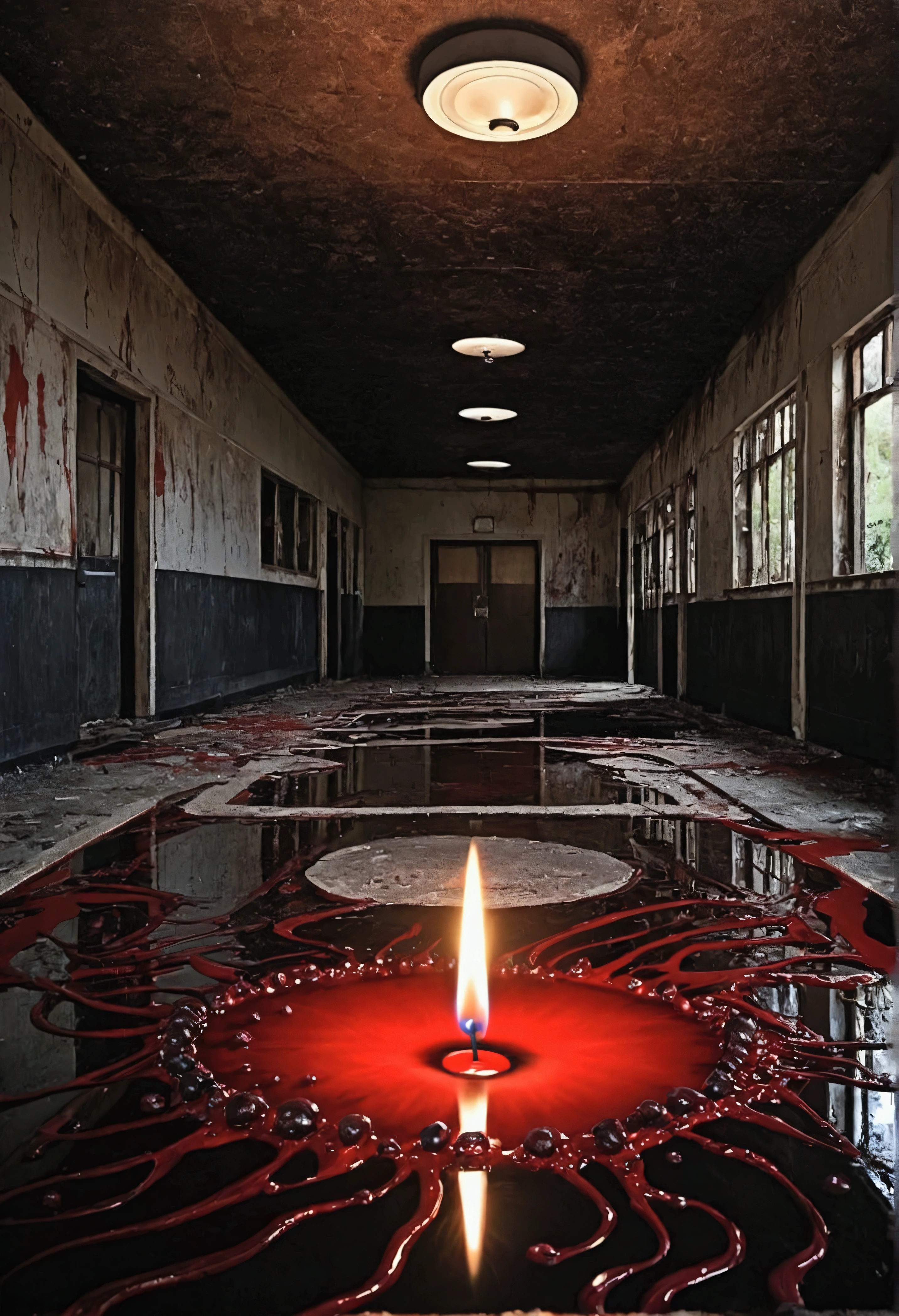 Dark abandoned school、Candle、Blood pool、blood droplets、Swirl、Numerous highlights、Painting:Junji Ito