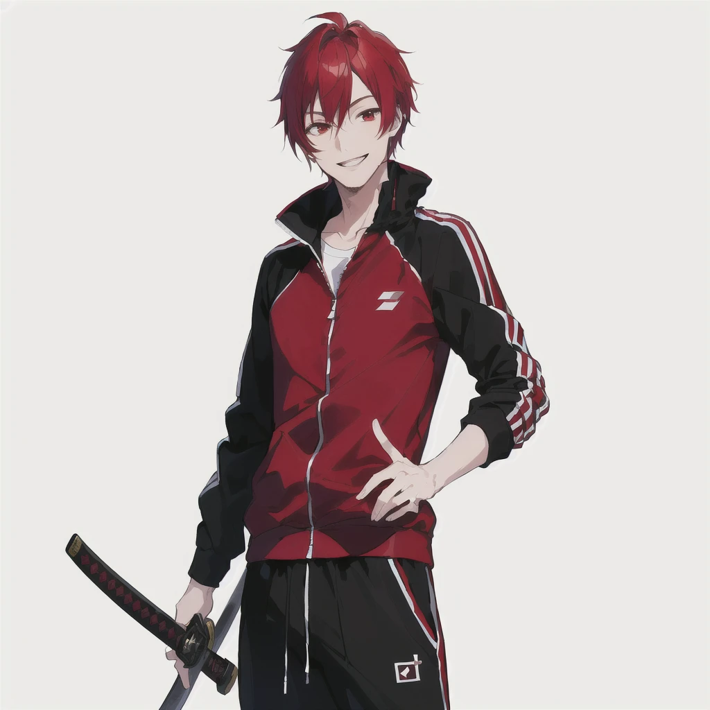 masterpiece, high quality,1 men, full body, standing, he is passionate man, smiling, red hair, ((simple background)), ((black Tracksuit)), ((katana)), Sanpaku eyes, more details, confident look,