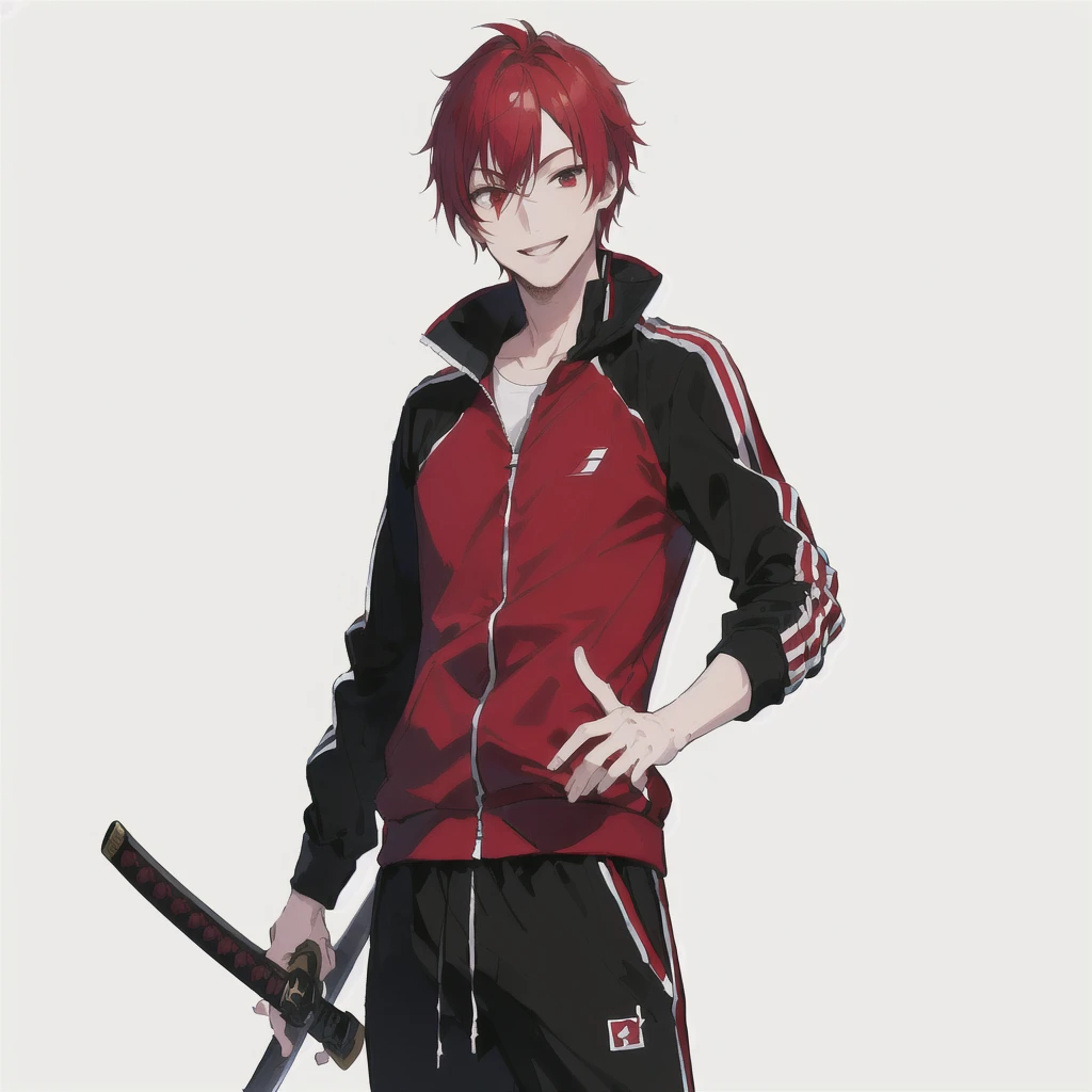 masterpiece, high quality,1 men, full body, standing, he is passionate man, smiling, red hair, ((simple background)), ((black Tracksuit)), ((katana)), Sanpaku eyes, more details, confident look,