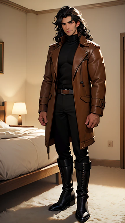 (detailed), (((normal guy))), (arab features), ((brown sheepskin jacket)), ((black curly hair loose hair)), (calm face), ((by the wide)), ((tall black boots)), (((Whole body))), ((sentada en la cama de una poorly lit room)), ((male)), (black turtleneck sweater), ((only one person)), (at night), ((poorly lit room))
