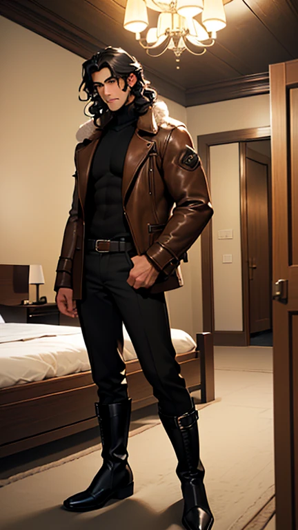 (detailed), (((normal guy))), (arab features), ((brown sheepskin jacket)), ((black curly hair loose hair)), (calm face), ((by the wide)), ((tall black boots)), (((Whole body))), ((sentada en la cama de una poorly lit room)), ((male)), (black turtleneck sweater), ((only one person)), (at night), ((poorly lit room))