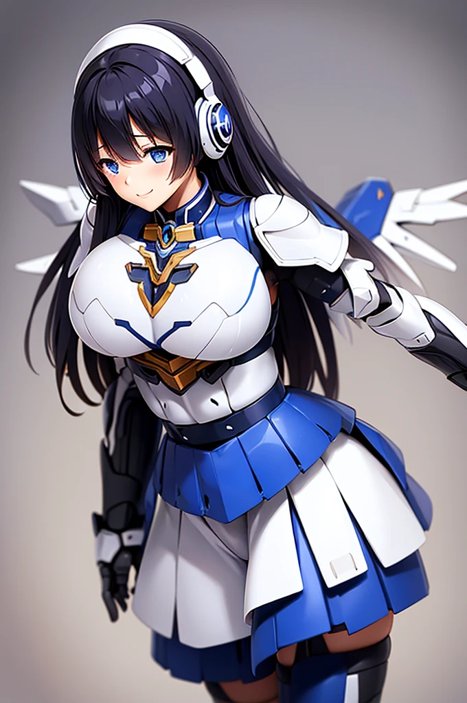 mecha wings、White and blue skirt、Accentuated thighs、White tights、chest、Beautiful black hair、1 girl、solo girl、Thick thighs、IS、Frame Arms Girl、Alice Gere Aegis、White Armor、income、headphone、hand on own chest、smile