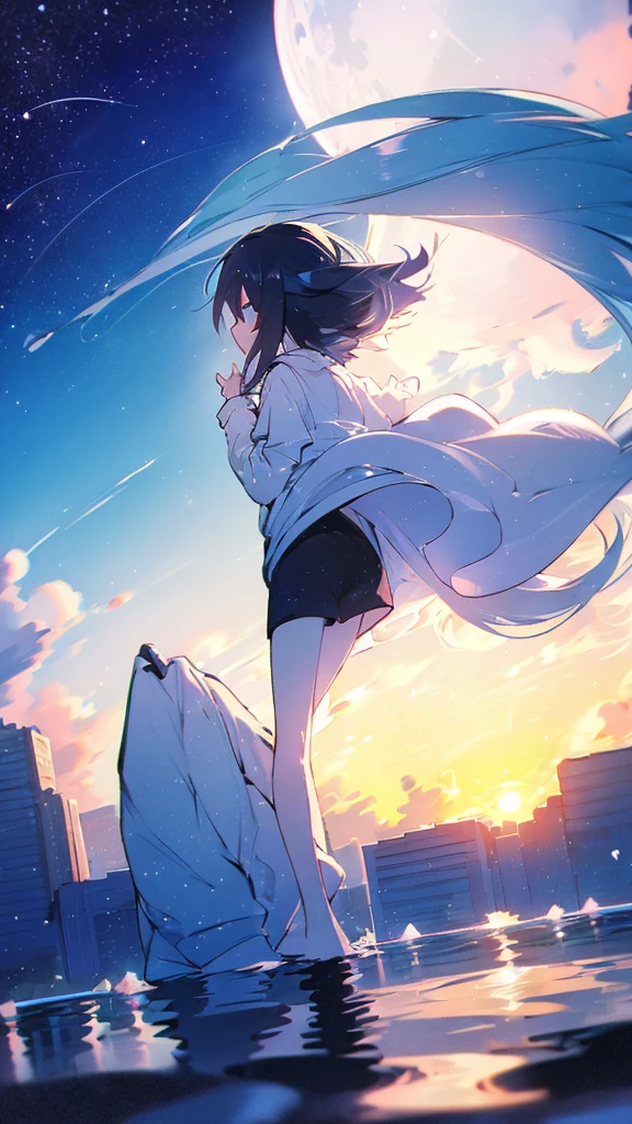 Seven-doppelganger shot,Anime style 4K,High quality anime art style,Standing painting,Splash ink background,Blue Themes、Pure white background,Buildings,Face close-up,Buildings,Moon and sun、Shining Star々,milky way,Facing forward,Clear eyes and nose,cute,beautiful,Thin legs,standing by the water, black hair, Blue eyes, girl, bob, front, cute,Long Hair,Whale flying in the blue sky,Buildings,whale,Black Hair,future,sunset,Sunset,Background center,profile,Long legs,Back view