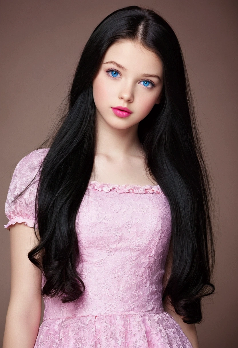 A girl, very cute, full body, very attractive, long black hair, pink lips, blue eyes, age 16 years, beautiful 
