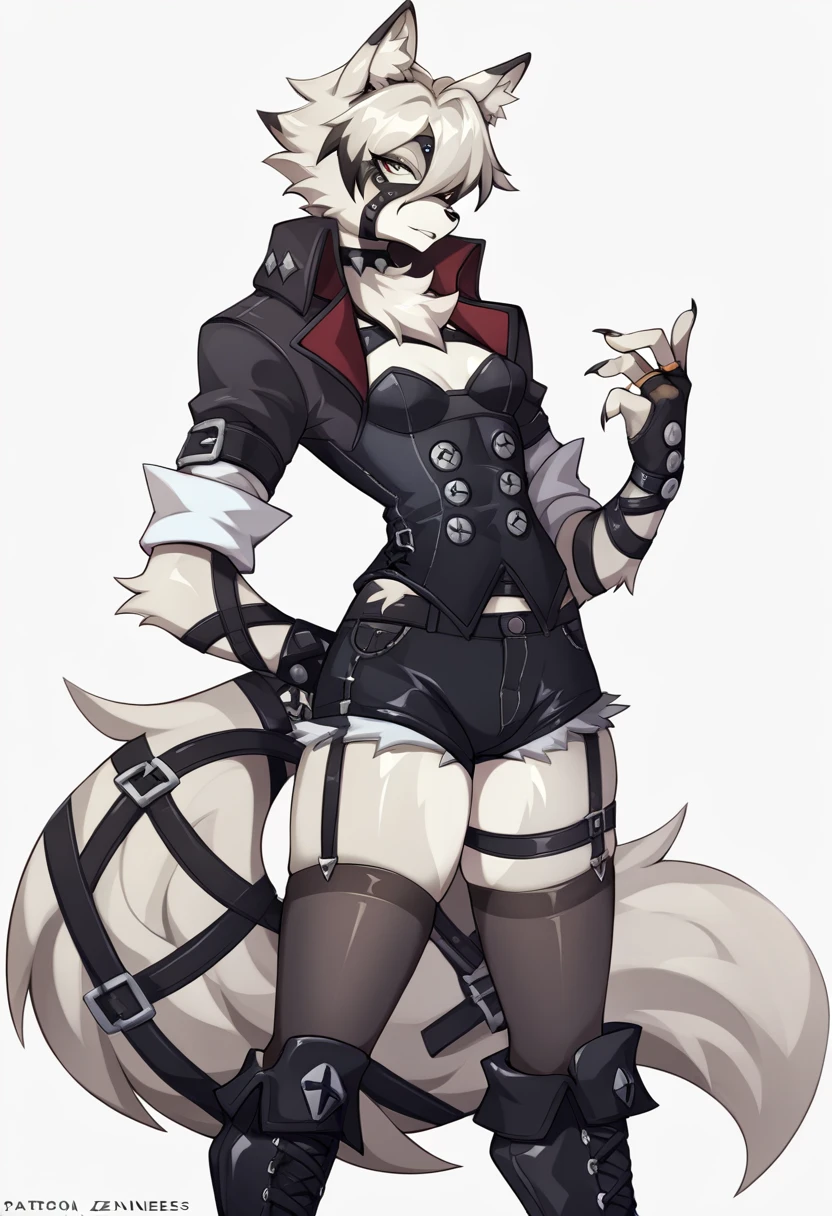 Solo, Score_9, score_8_up, score_7_up, source_anime, von_lycaon_(zenless_zone_zero), Anthro, source_furry, Anthro furry male wolf, standing, female, feminine, small breasts, wearing black corset, black short shorts, black stiletto boots, seductive, simple white background 