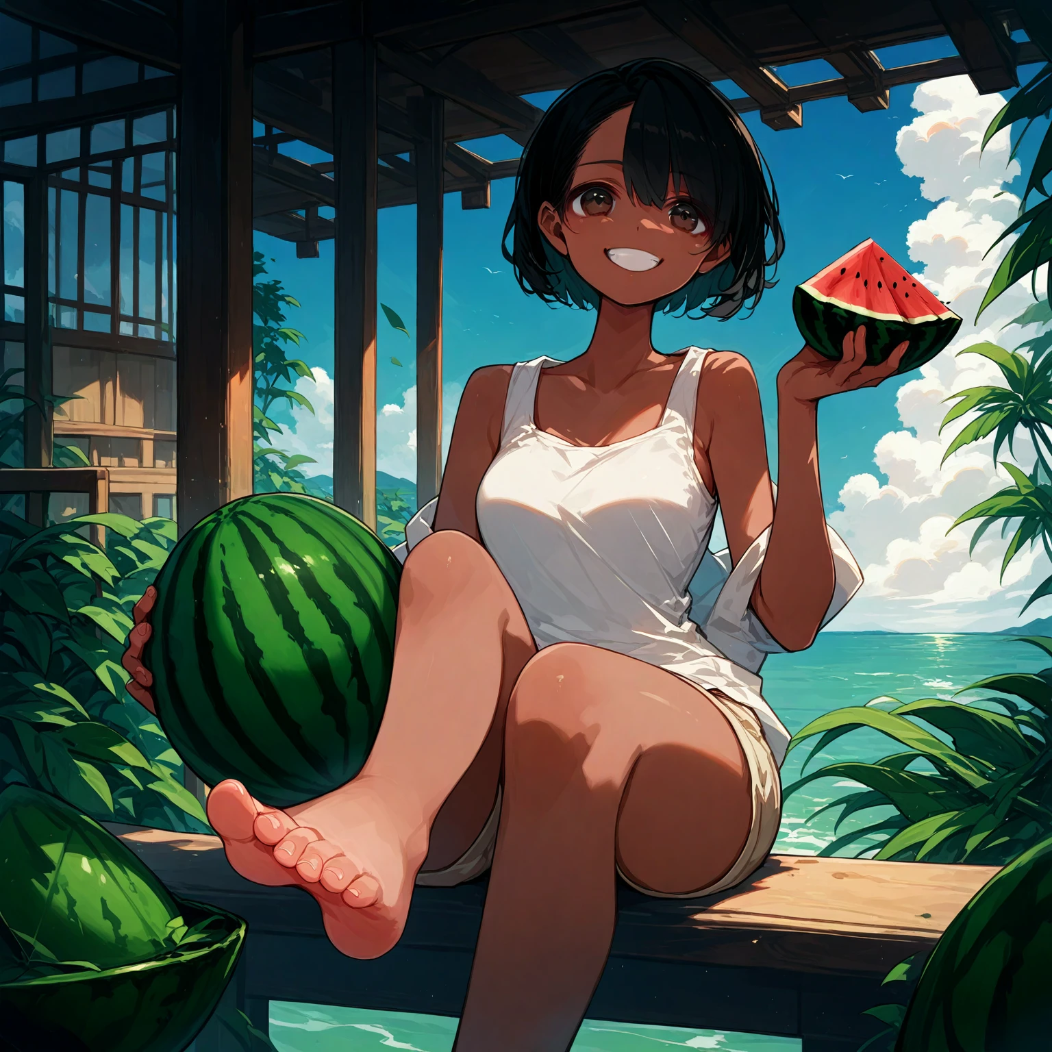 score_9, score_8_up, score_7_up, source_アニメ, high res image, masterpiece, best quality, 1 girl, Brown skin, shiny hair, ultra detailed eyes, eye highlights, short hair, black hair, brown eyes, white tank top, short shorts, smile,foot focus、 (eating watermelon:1.1), holding watermelon with both hands, verandah, japanese home, sitting, CETUS,ocean in the distance、evening