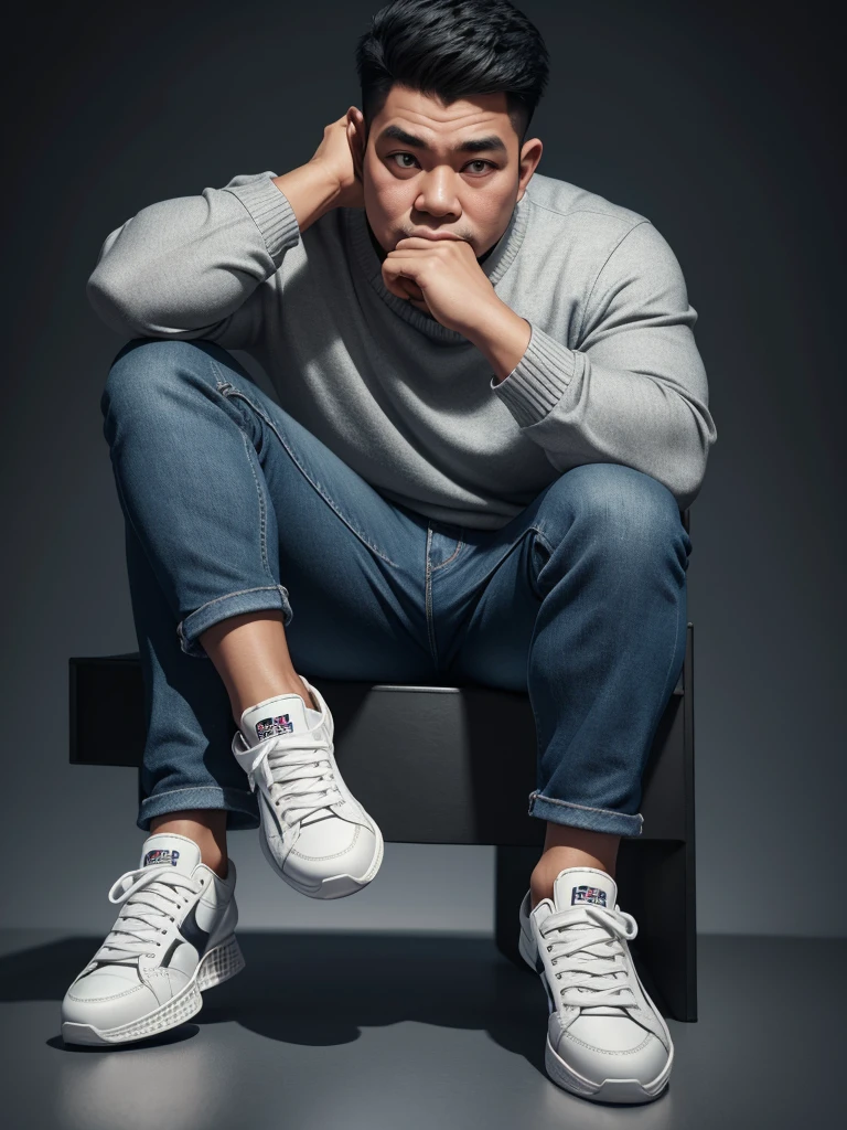 Realistic 4D caricature with a big head of an Indonesian man aged 30yo wearing a sweater, jeans, sneakers, sitting with his hand on his chin, black and silver gradient background,Pixar style,3D rendering,uhd,16K ((best quality)), ((masterpiece)), (detailed),