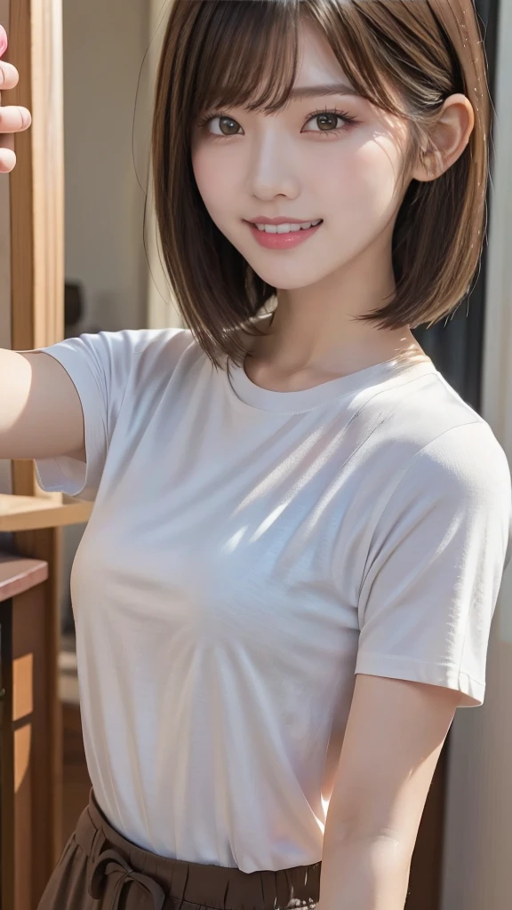 One girl, Casual T-shirts, short hair, 20-year-old Japanese, beautiful, cute face, pretty face, neat, smiling, 8-head body, height 165cm, weight 48kg, bust 83cm, waist 60cm, hips 82cm, (((selfie))), face focus