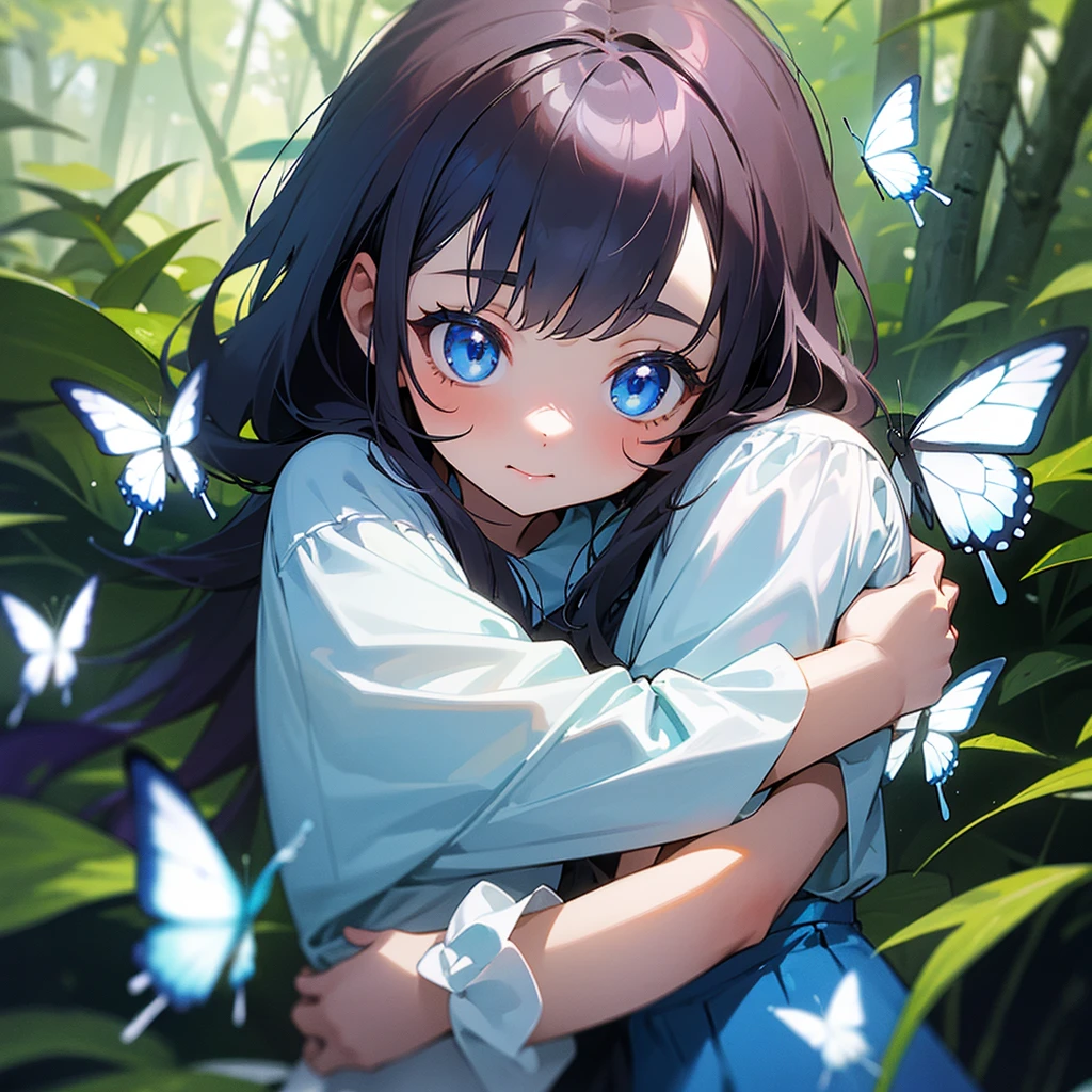 a cute 10 year old girl with beautiful blue eyes hugging her 4 year old sister who also has beautiful blue eyes in the forest with butterflies fluttering around them