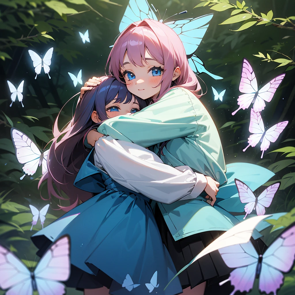 a cute  girl with beautiful blue eyes hugging her 4 year old si also has beautiful blue eyes in the forest with butterflies fluttering around them