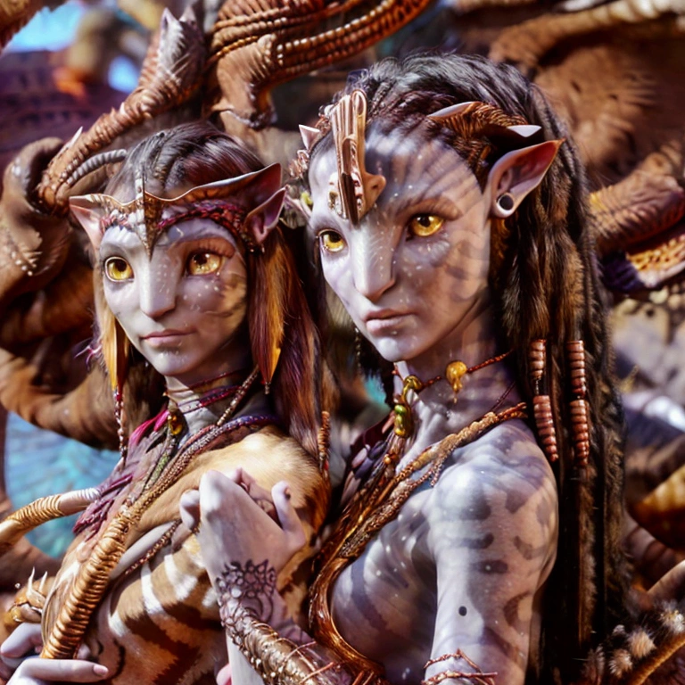 Na'vi girl with dark purple skin, With dark stripes like a tiger on the her skin, Ears with peacock earrings long cat nose, red eyes (Completely covered body in a furry white tribal dress) perfect face (Egyptian white clothes and golden jewelry) Holding scepter, Full body, in a grand canyon with a large lake