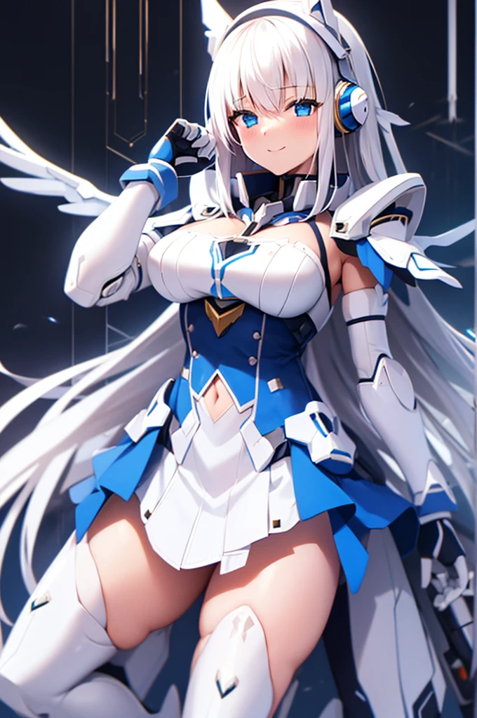 mecha wings、White and blue skirt、Accentuated thighs、White tights、chest、Beautiful white hair、1 girl、solo girl、Thick thighs、IS、Frame Arms Girl、Alice Gere Aegis、White Armor、income、headphone、hand on own chest、smile