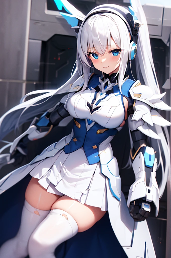 mecha wings、White and blue skirt、Accentuated thighs、White tights、chest、Beautiful white hair、1 girl、solo girl、Thick thighs、IS、Frame Arms Girl、Alice Gere Aegis、White Armor、income、headphone、hand on own chest、smile