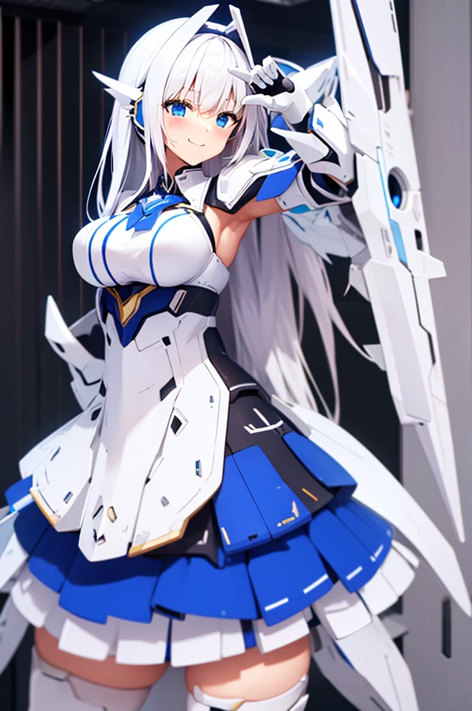 mecha wings、White and blue skirt、Accentuated thighs、White tights、chest、Beautiful white hair、1 girl、solo girl、Thick thighs、IS、Frame Arms Girl、Alice Gere Aegis、White Armor、income、headphone、hand on own chest、smile