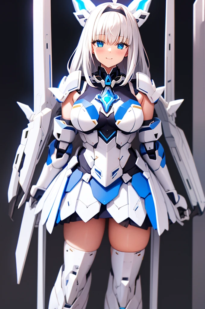 mecha wings、White and blue skirt、Accentuated thighs、White tights、chest、Beautiful white hair、1 girl、solo girl、Thick thighs、IS、Frame Arms Girl、Alice Gere Aegis、White Armor、income、headphone、hand on own chest、smile