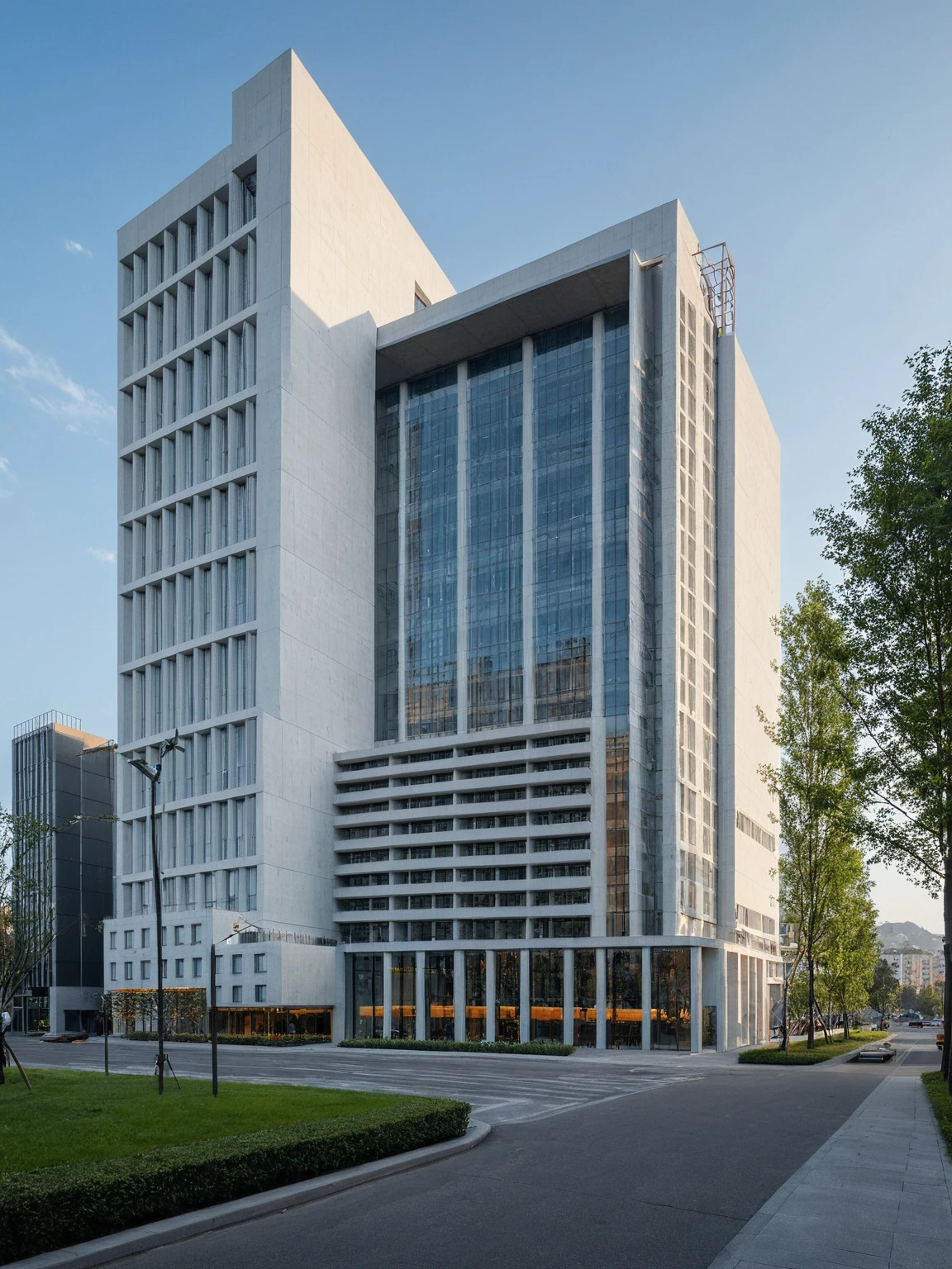 modern hotel in the style of Peter Zumthor, with full white glazing and grid detailing on an urban street corner, overlooking city streets. Architectural photography of an architectural masterpiece with a full building view, vivid color, natural lighting, 
