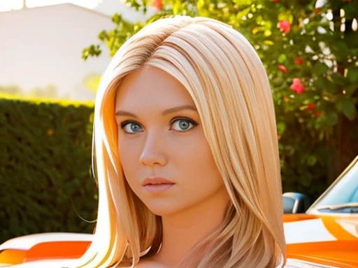 Alison Angel naked on the hood of an orange mustang, large and heavy bust slender body, perfectly detailed face and with a very nice garden background