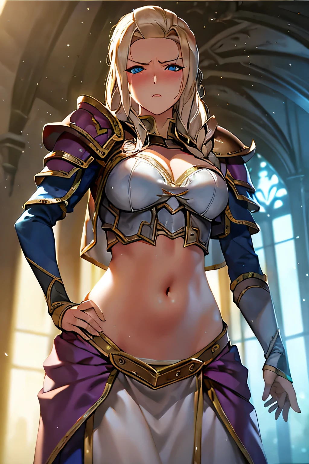 super fine illustration, vibrant colors, masterpiece, sharp focus, best quality, depth of field, ultra detailed, 1girl, solo, blush, annoyed, belly, navel , midriff, stomach, waist cloth, long sleeves, armor, world of warcraft, jaina proudmoore, looking down, wowjaina, blonde hair , jainaproudmoore, armor, shoulder pad, long skirt, body armor, breastplate