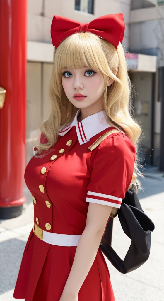 3d,Bangs,bell,Blonde hair,blush,bow,breast,Cosplay Photos,red uniform. Background street city building many people.