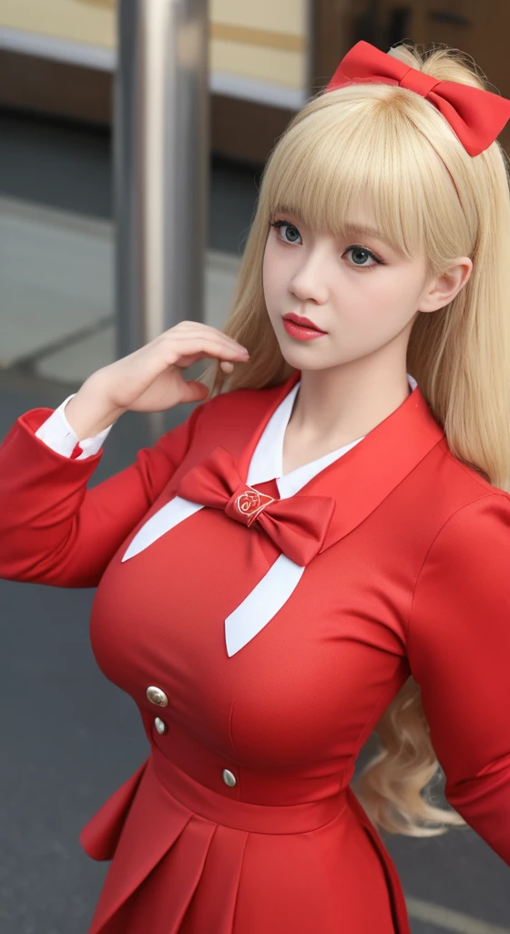3d,Bangs,bell,Blonde hair,blush,bow,breast,Cosplay Photos,red uniform. Background street city building many people.