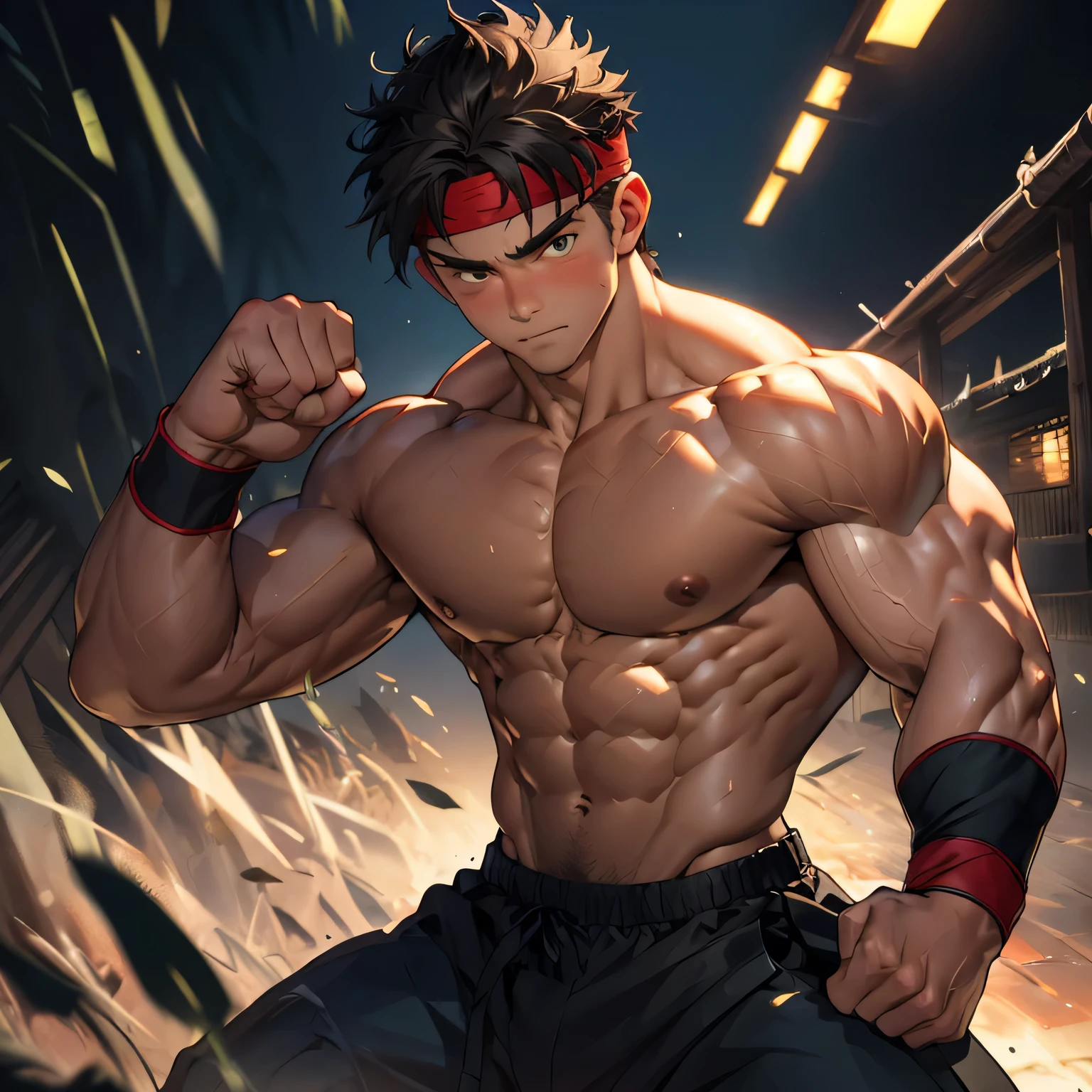 (Masterpiece, Best quality, 8k, ultra-detailed,  boy, worm eyes, black background), Young boy, muscler, Shirtless, ((((solo, fullbodyesbian, flesh boy, tough boy, reliable boy, developed body, kung fu fighter)))), (Dark Short straight hair, ((almost completely shaved hair)), under cut, brown eyes), (red headband, ((black wristband))), Vivid colors, ((hot Abs, abs!, big abs, big breast, chest!, muscler upper arms)), muscler!, muscler body, Man with martial arts stance, detailed face, detailed muscle, (((action pose, rippling muscles, deep night, fighting_stance)))