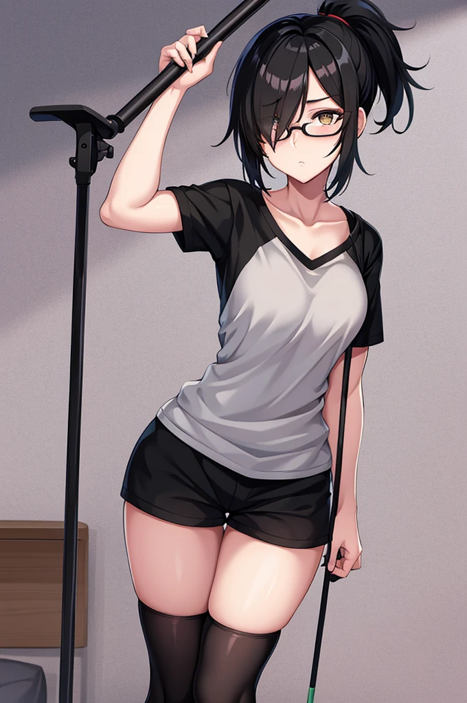 woman, hair over one eye, golden eyes, Tomboy, standing, black sweatshorts, white shirt, looking at viewer, black short hair with a ponytail, bedroom background, round glasses, bags under eyes, tired, solo, using a crutch