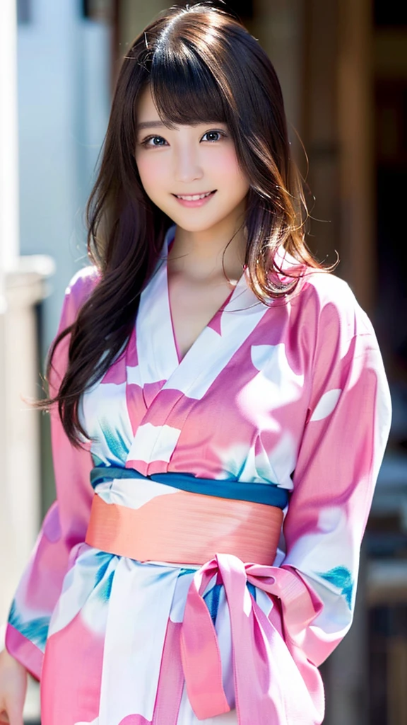 masterpiece, Highest quality,16K, Ultra-high resolution,The light and shadow of reality,Cinema Lenses,((Very skinny)),((Her waist is so slim and beautiful)),((High nose、Small Mouth)),((Clean and slim face line)),((Big dark eyes)),((Very small face))((Very slim and beautiful arms)),,((She is very slim and has a great figure)),((Pure white beautiful skin)),((Cute Japanese Girls)),(((Pink colorful clothes、yukata)))、Kyoto))、(Sexy pose),(Beautiful Eyes:1.1),Reflecting clear eyes and a gentle smile,