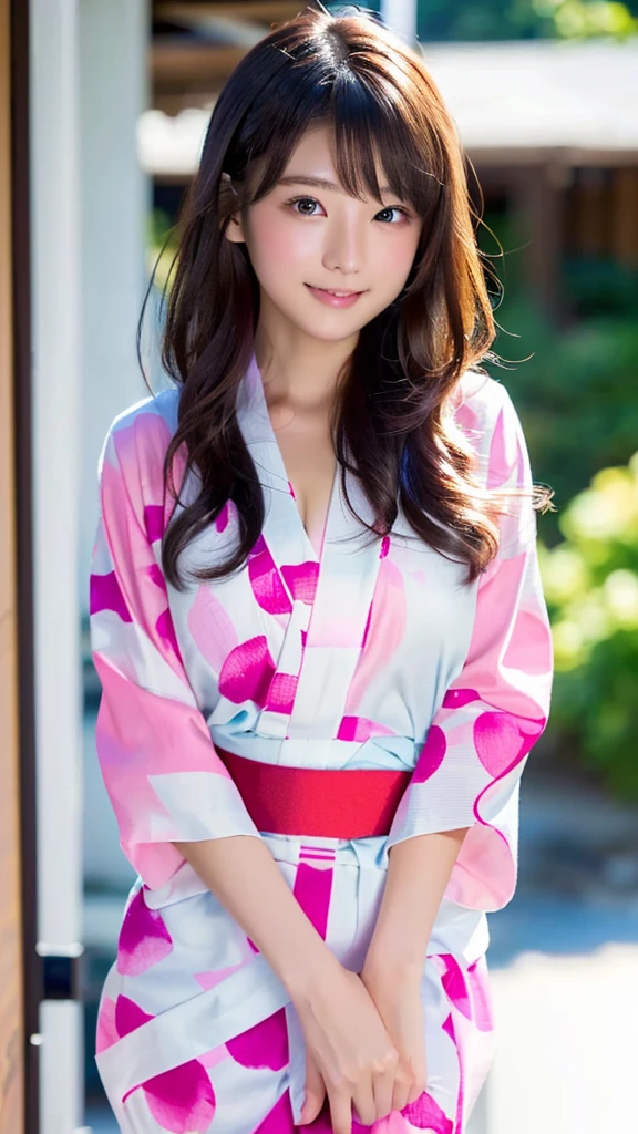masterpiece, Highest quality，16K, Ultra-high resolution，The light and shadow of reality，Cinema Lenses，((Very skinny)),((Her waist is so slim and beautiful)),((High nose、Small Mouth)),((Clean and slim face line)),((Big dark eyes)),((Very small face))((Very slim and beautiful arms)),,((She is very slim and has a great figure)),((Pure white beautiful skin)),((Cute Japanese Girls)),(((Pink colorful clothes、yukata)))、Kyoto))、（Sexy pose),(Beautiful Eyes:1.1)，Reflecting clear eyes and a gentle smile,