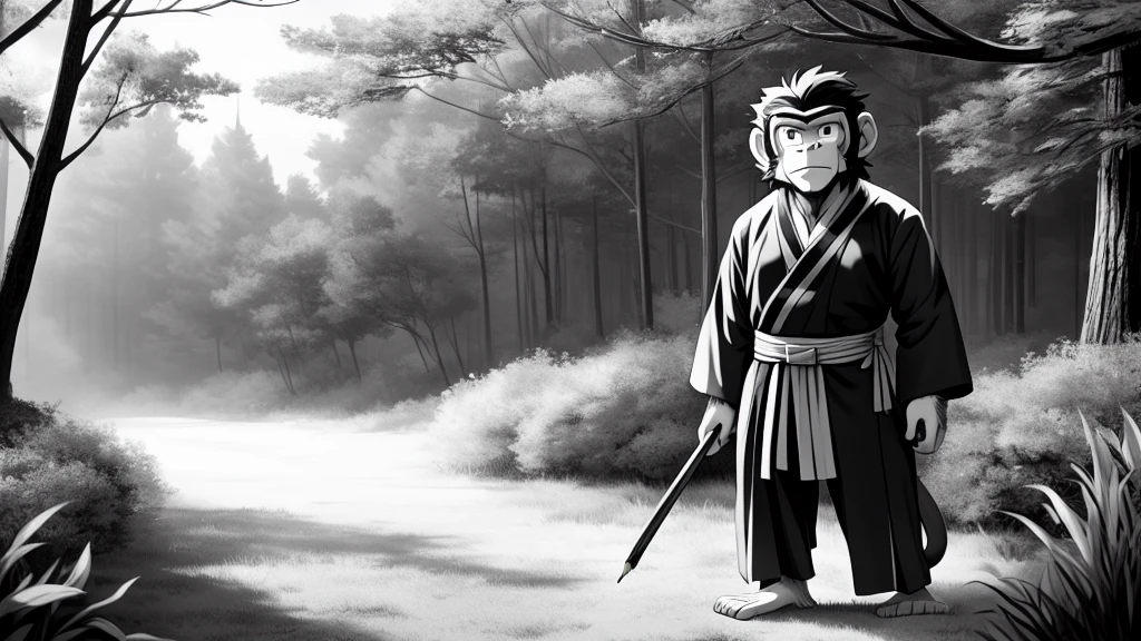 ((Masterpiece, high quality, best graphics, high definition, high definition, 4k)), old photo, vintage photo, 1 Monkey boy, (Solo), (((monkey ears, monkey tail))), ((upper body)), Wooden Katana in right hand, old samurai suit, old samurai pants, (ribbon on waist), wooden sandals, looking away, standing, (((monochrome, grayscale, pencil style, old movie style, noise, VHS movie, anime style))), (forest background, trees, tree shadow, grass, (((Saru to kani no Gassen anime 1917 style))).