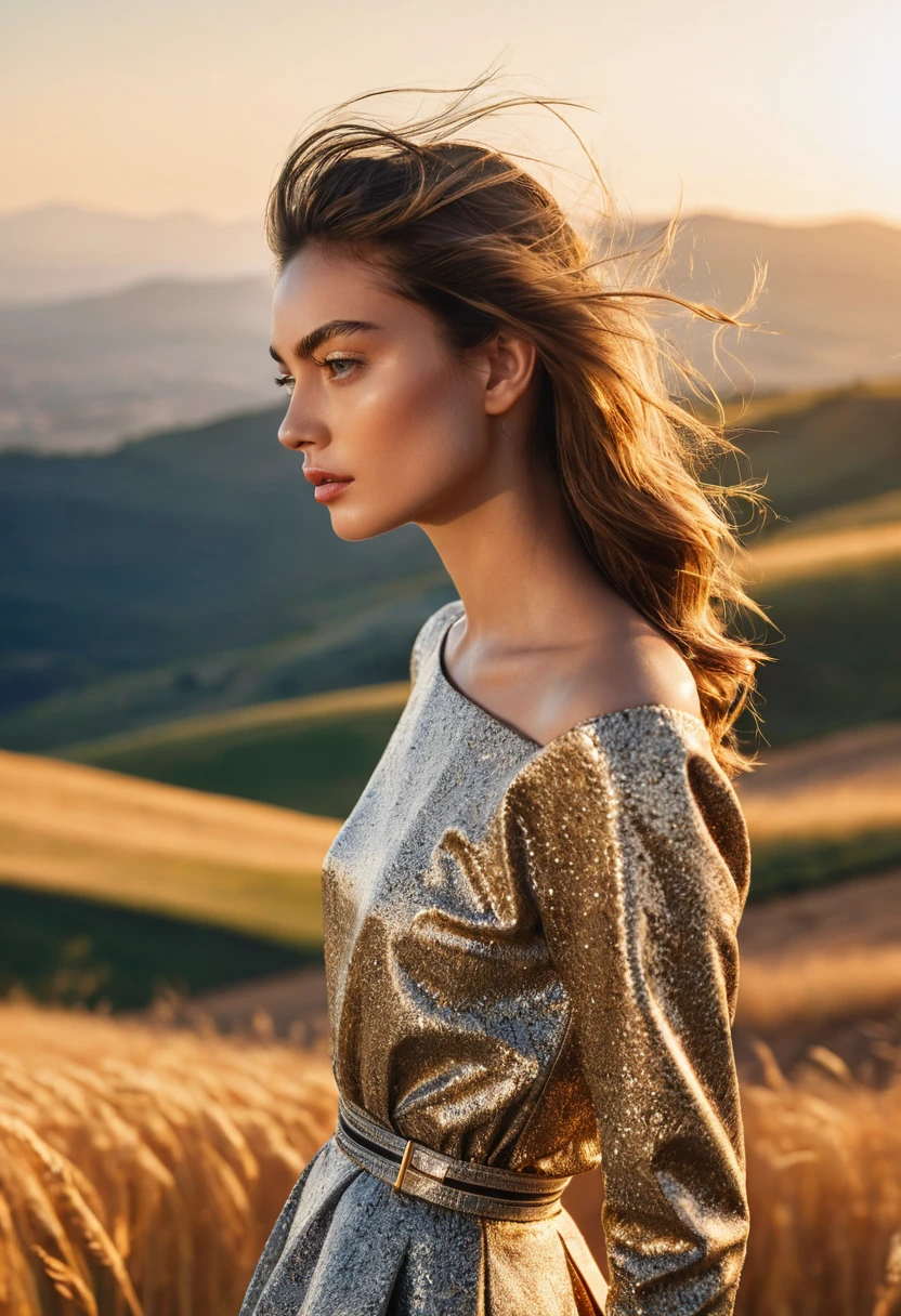 ((best quality)), ((masterpiece)), (detailed), half body shot, fashion photo shot, dynamic pose, dynamic angle, sunsetting in the background, young italian woman, wearing Dior apparel. she is looking off at the sunset, golden grass field with rocky hills at the distance