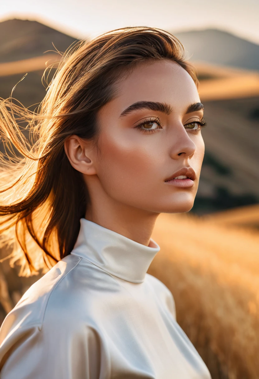 ((best quality)), ((masterpiece)), (detailed), half body shot, fashion photo shot, dynamic pose, dynamic angle, sunsetting in the background, young italian woman, wearing Dior apparel. she is looking off at the sunset, golden grass field with rocky hills at the distance