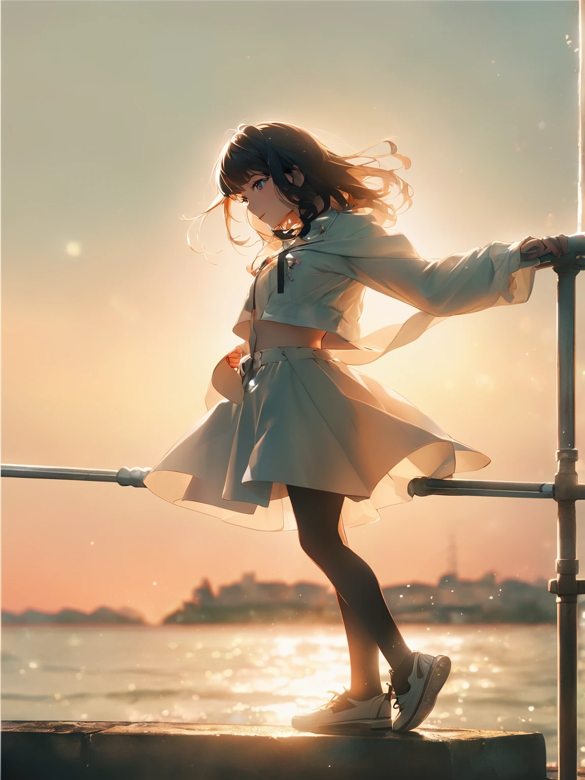 There is a girl standing on the railing by the water., anime. Soft lighting, anime style mixed with fujifilm, Gweiz-style artwork, anime style. 8k, makoto shinkai cyril rolando, Artjam and Athi Gairan, anime style 4 k, Makoto Shinkai. Digital Rendering