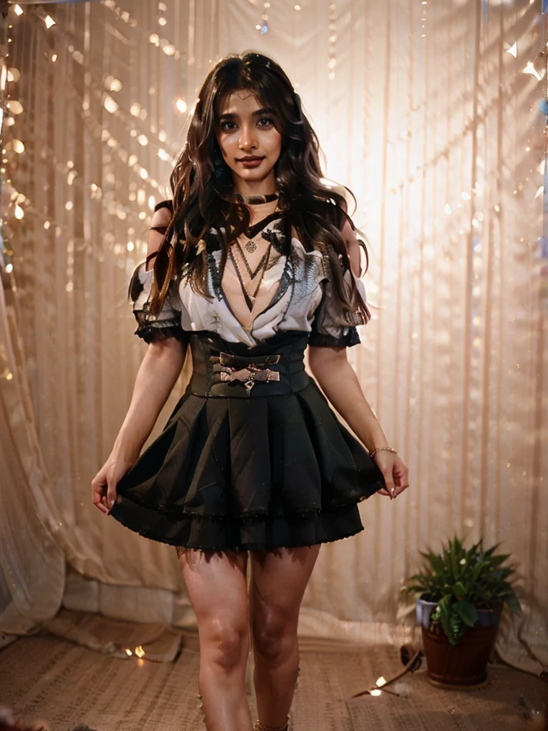 Pooja hedge wearing bodycon dress with glitter, wavy hair, chocker necklace, high heels with glitter,