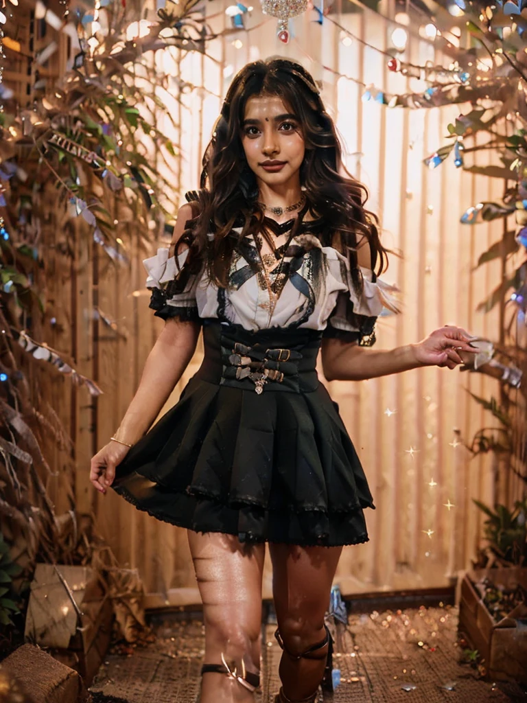 Pooja hedge wearing bodycon dress with glitter, wavy hair, chocker necklace, high heels with glitter,