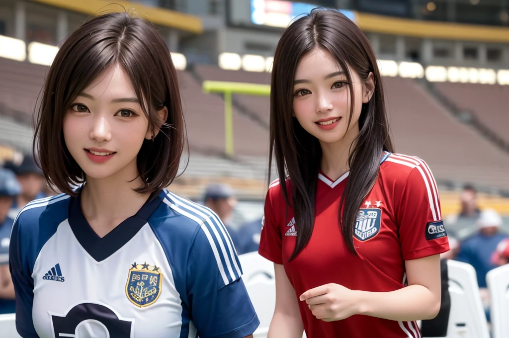 (Highest quality、8k、32K、masterpiece)、(Realistic)、(Realistic:1.2)、(High resolution)、Very detailed、Very beautiful face and eyes、(((Targeted at single women.)))、Frame for round and small faces、Tight waist、Delicate body、(close、Highest quality、Attention to detail、Rich skin detail)、(Highest quality、8k、Oil paints:1.2)、(Realistic、Realistic:1.37)、Bright colors、(((Cowboy Shot)))、(((short hair)))、(((Laughter)))、(((Brown Hair)))、(((Soccer uniforms)))、(((ピンクのSoccer uniforms)))、(((Football Stadium)))、(((Enthusiastic audience)))、(((Uniform without lines)))、Short sleeve uniform、There are no lines on the sleeves