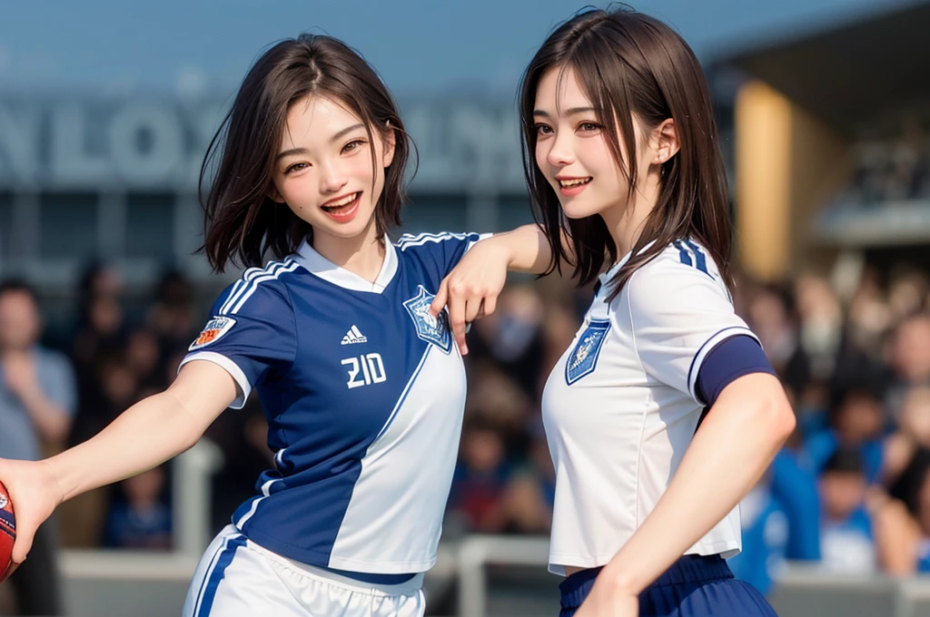 (Highest quality、8k、32K、masterpiece)、(Realistic)、(Realistic:1.2)、(High resolution)、Very detailed、Very beautiful face and eyes、(((Targeted at single women.)))、Frame for round and small faces、Tight waist、Delicate body、(close、Highest quality、Attention to detail、Rich skin detail)、(Highest quality、8k、Oil paints:1.2)、(Realistic、Realistic:1.37)、Bright colors、(((Cowboy Shot)))、(((short hair)))、(((Laughter)))、(((Brown Hair)))、(((Soccer uniforms)))、(((ピンクのSoccer uniforms)))、(((Football Stadium)))、(((Enthusiastic audience)))、(((Uniform without lines)))、Short sleeve uniform、There are no lines on the sleeves