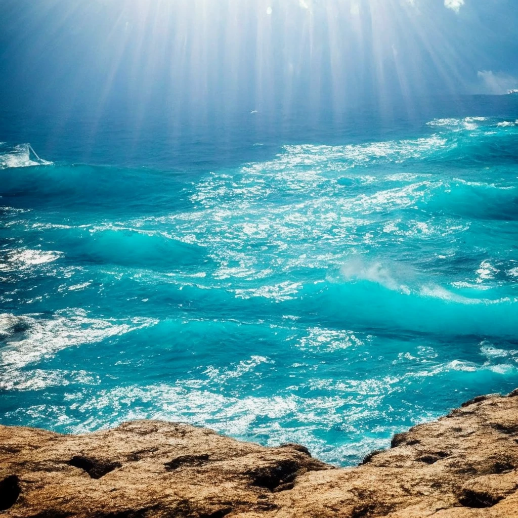 The ocean takes up half of the picture，Light blue ocean，Light海洋，Golden light and shadow，Light，Light，There are birds swimming in the sea，The whole atmosphere is relaxed，The color of the sea is very pale，Tiffany blue water，The sea is rough