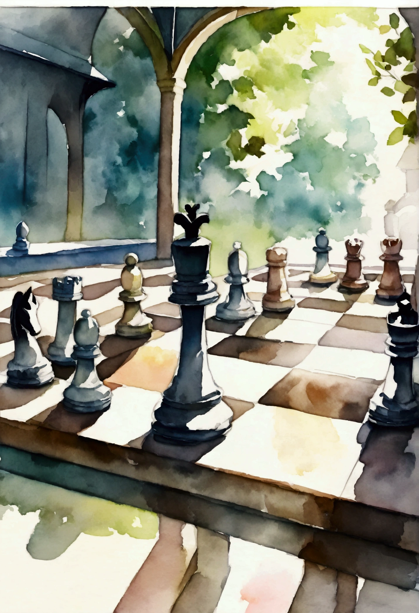 chess game in the palace park, watercolor, chess knight, dark