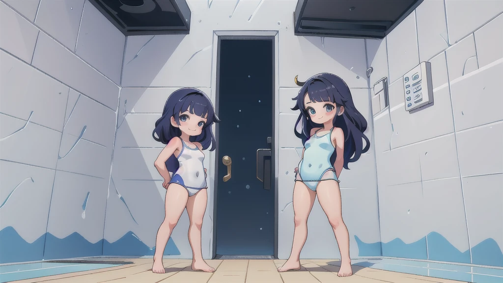 2 Asian girls, anime girls, both farting together side by side, desperate to poop, farting while standing, farting in public changing room, wearing fencer suit, stomach bloated, hands hugging stomach, pained expression, shocked and embarrassed, mouth open in shock, sweating, blushing, beautiful and cute face, anime art style, fit body, tall and thin, view from back