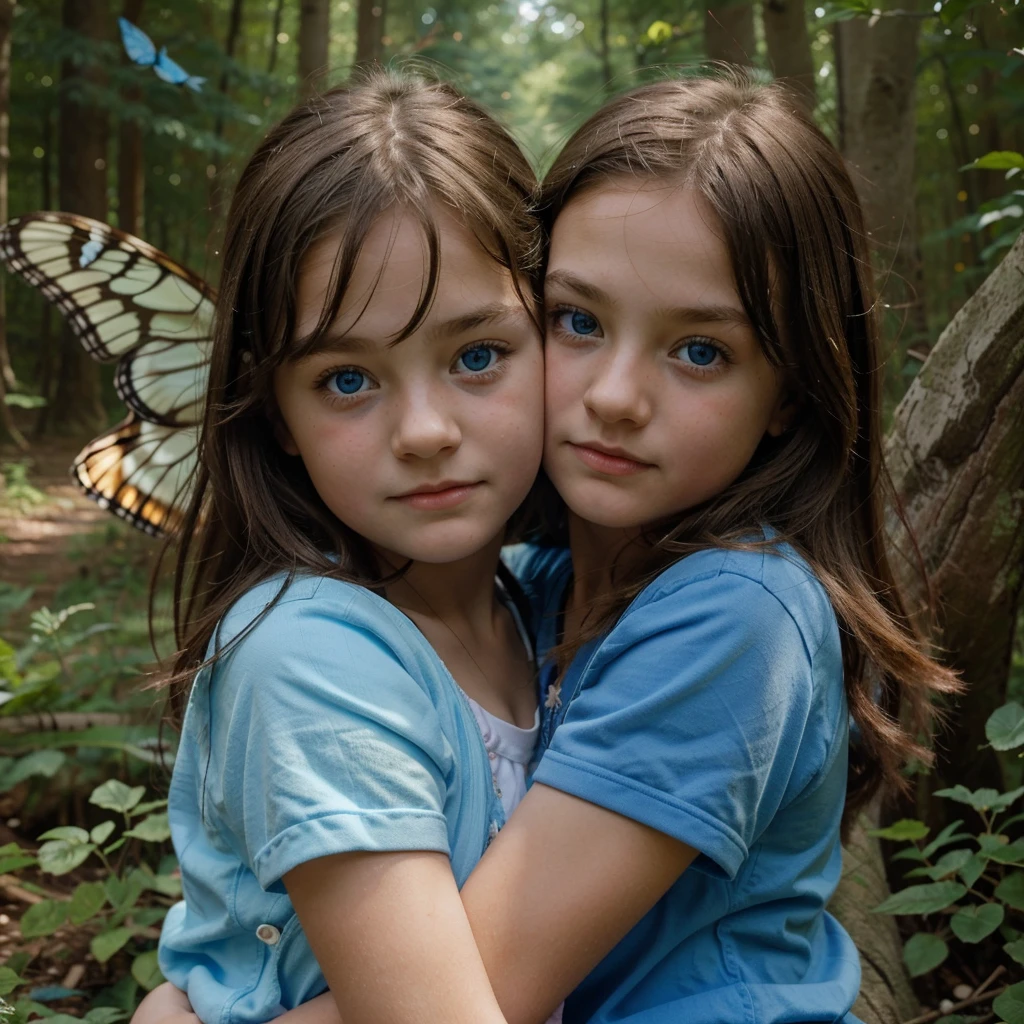 a cute 10 year old girl with beautiful blue eyes hugging her 4 year old sister who also has beautiful blue eyes in the forest with butterflies fluttering around them