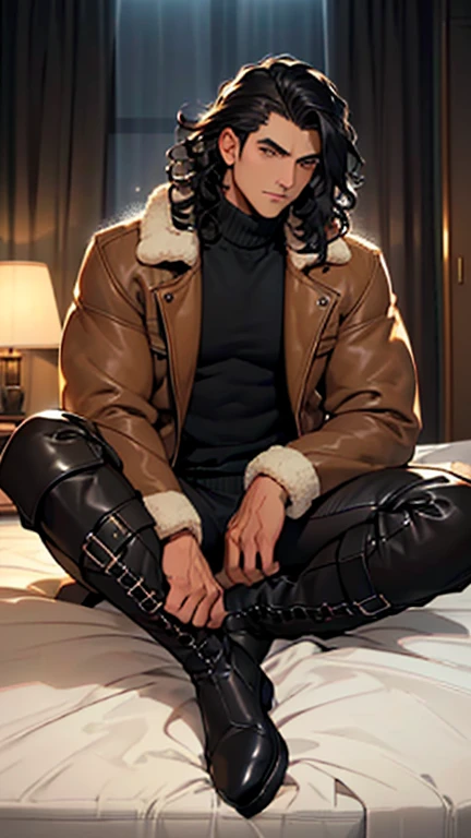 (detailed), (((normal guy))), (arab features), ((brown sheepskin jacket)), ((black curly hair loose hair)), (calm face), ((by the wide)), ((tall black boots)), (((Whole body))), ((sitting on the bed in a room)), ((male)), (black turtleneck sweater), ((only one person)), (at night), ((poorly lit room)), (In the dark)