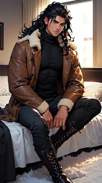 (detailed), (((normal guy))), (arab features), ((brown sheepskin jacket)), ((black curly hair loose hair)), (calm face), ((by the wide)), ((tall black boots)), (((Whole body))), ((sitting on the bed in a room)), ((male)), (black turtleneck sweater), ((only one person)), (at night), ((poorly lit room)), (In the dark)
