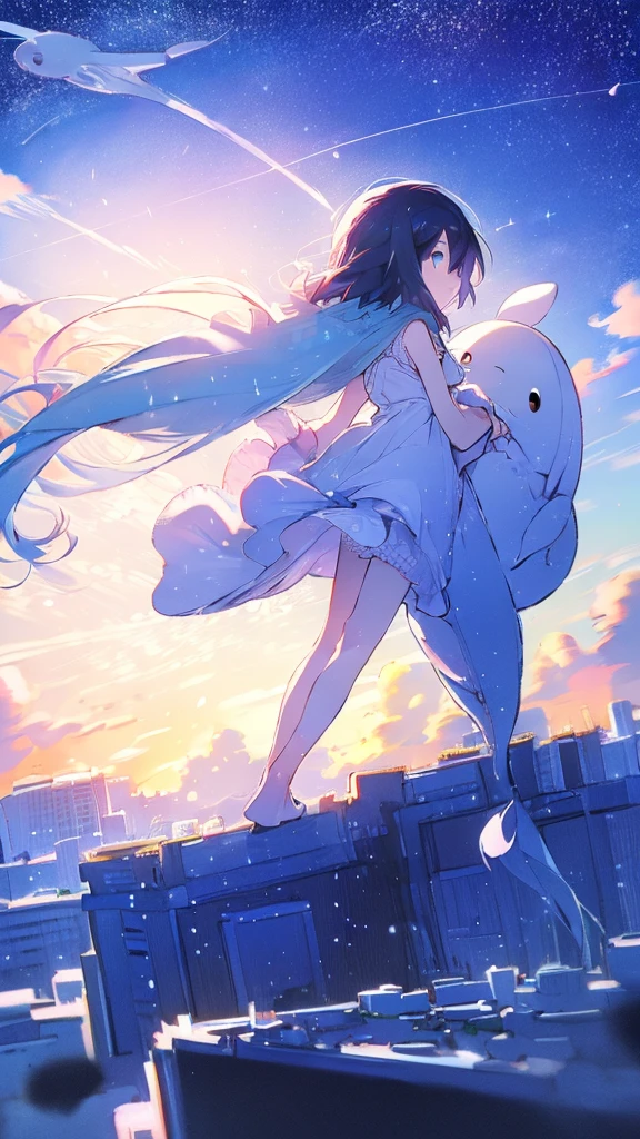 Seven-doppelganger shot,Anime style 4K,High quality anime art style,Standing painting,Splash ink background,Blue Themes、Pure white background,Buildings,Face close-up,Buildings,Moon and sun、Shining Star々,milky way,Facing forward,Clear eyes and nose,cute,beautiful,Thin legs,standing by the water, black hair, Blue eyes, girl, bob, front, cute,Long Hair,Whale flying in the blue sky,Buildings,whale,Black Hair,future,sunset,Sunset,Background center,profile,Long legs,Back view