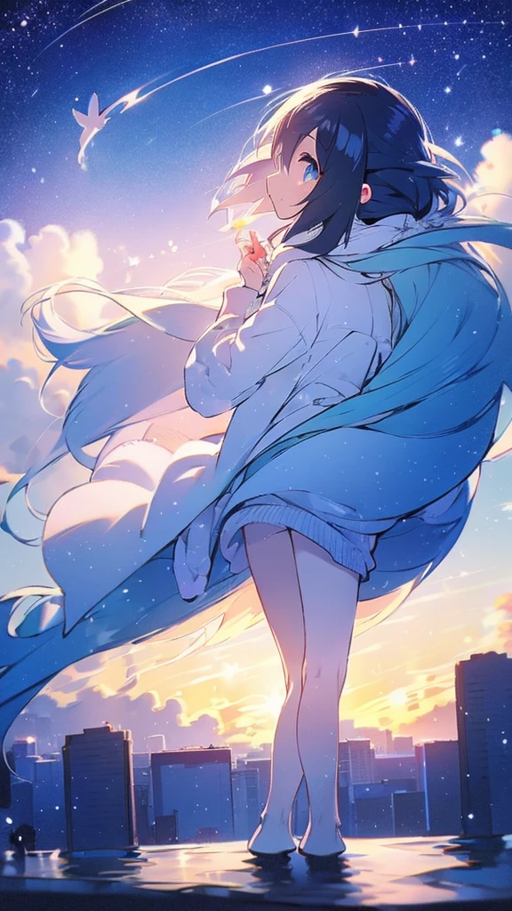 Seven-doppelganger shot，Anime style 4K,High quality anime art style，Standing painting，Splash ink background，Blue Themes、Pure white background,Buildings,Face close-up,Buildings,Moon and sun、Shining Star々,milky way,Facing forward,Clear eyes and nose,cute,beautiful,Thin legs,standing by the water, black hair, Blue eyes, girl, bob, front, cute,Long Hair,Whale flying in the blue sky,Buildings,whale,Black Hair,future,sunset,Sunset,Background center,profile,Long legs,Back view