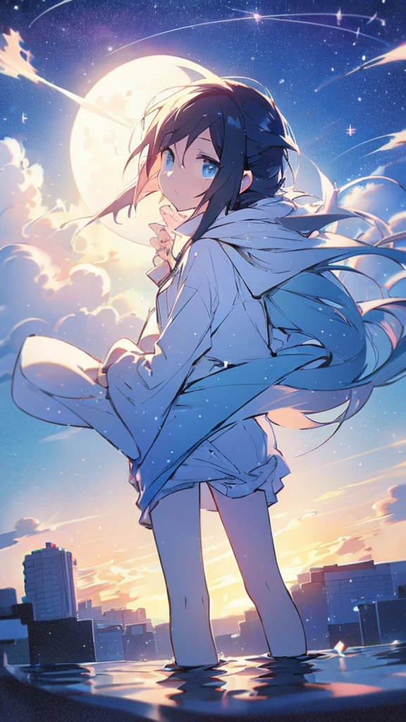 Seven-doppelganger shot，Anime style 4K,High quality anime art style，Standing painting，Splash ink background，Blue Themes、Pure white background,Buildings,Face close-up,Buildings,Moon and sun、Shining Star々,milky way,Facing forward,Clear eyes and nose,cute,beautiful,Thin legs,standing by the water, black hair, Blue eyes, girl, bob, front, cute,Long Hair,Whale flying in the blue sky,Buildings,whale,Black Hair,future,sunset,Sunset,Background center,profile,Long legs,Back view