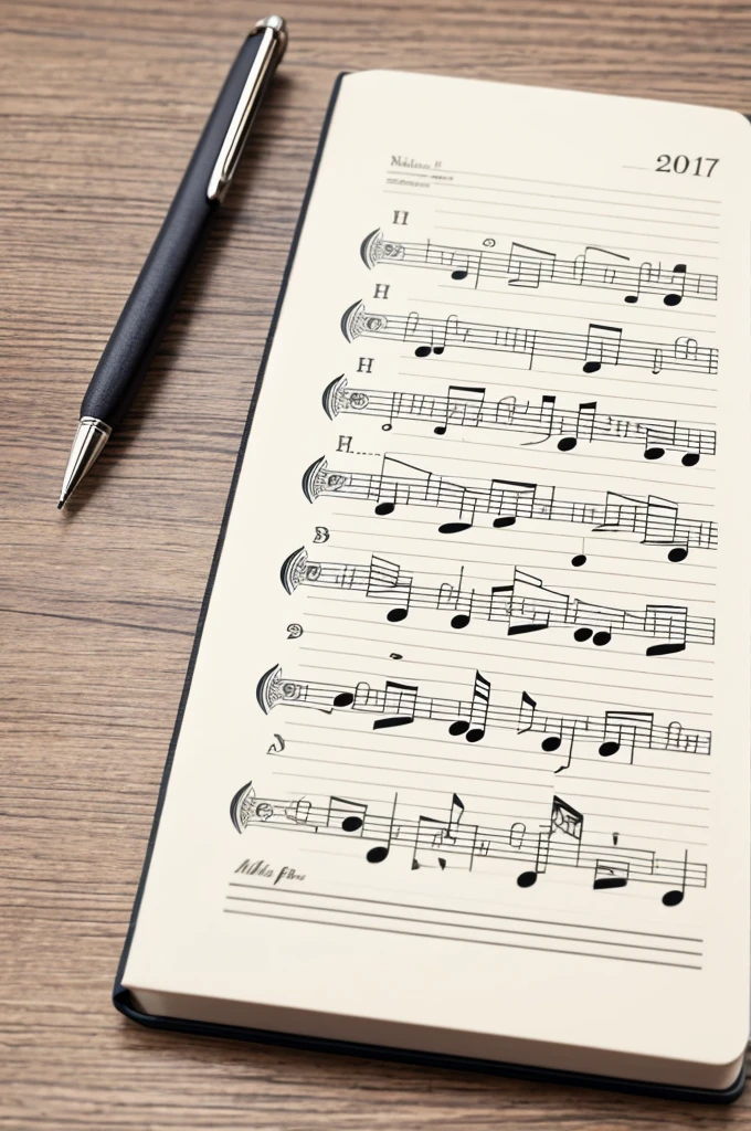 A notebook with a pen with musical notes around the notebook