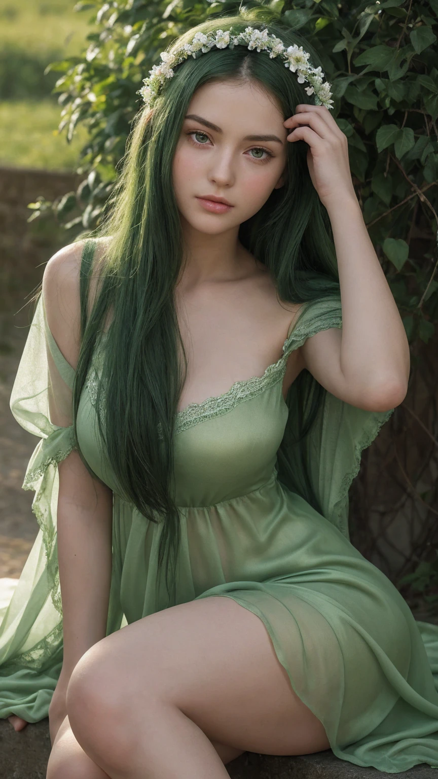 a girl.  face sent feeling.  Europe.  Oval face.  long face.  delicate facial features.  sad eyes.  seductively seductive.  green eyes.  long straight hair.  green hair.  wreath on head.  sad expression.  big breasts.  Sexy green silk nightgown.  shy sitting posture.  straight face.  in the flower field