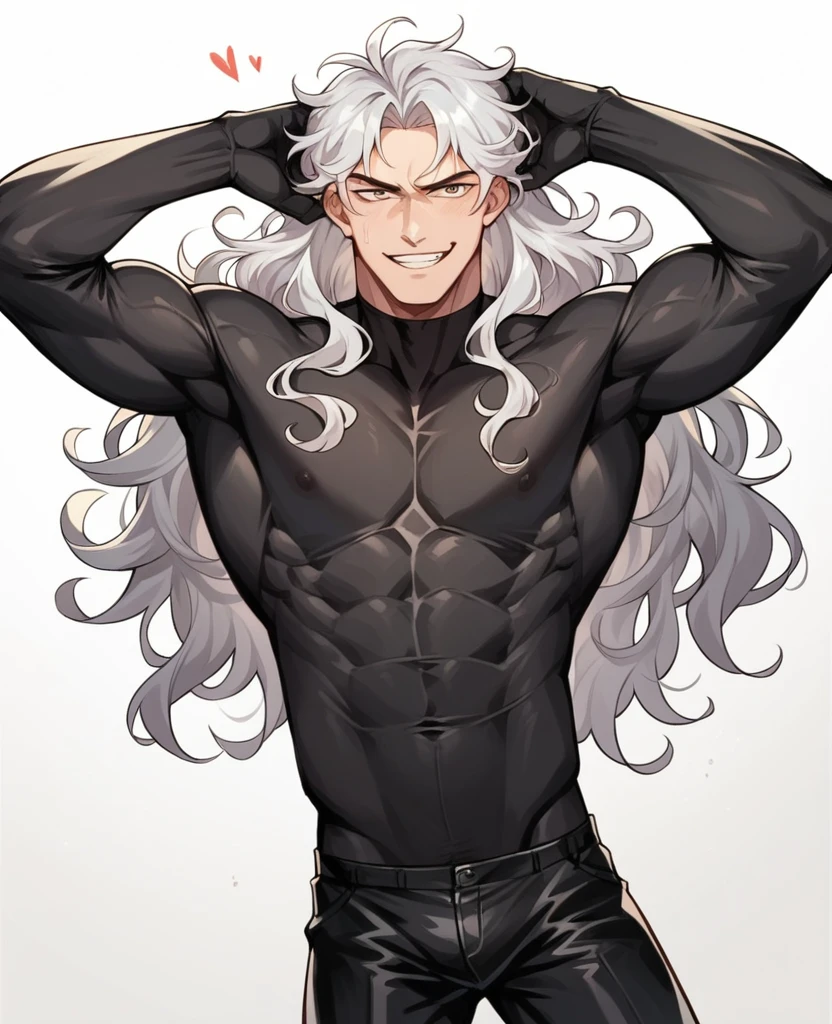 ((best qualityer)), ((work of art)), a 19 year old male, wearing a black bodysuit, Slim and muscular body, black and wavy hair, with a naughty face, White background