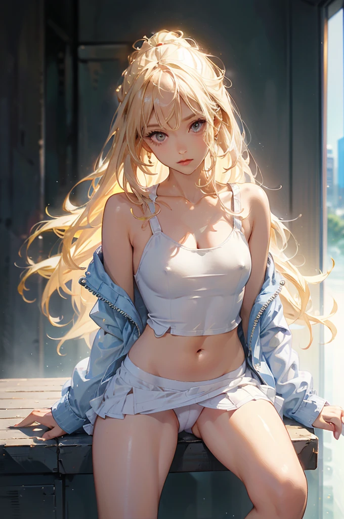 The wind is blowing and my pants are completely visible,mini skirt,Crouched View,Fluffy jacket,((Small Bust)),Nipples,Expose the inside of your legs,Close your legs,Knees up,White panties,(panty shot:1.3),Luxurious Room
